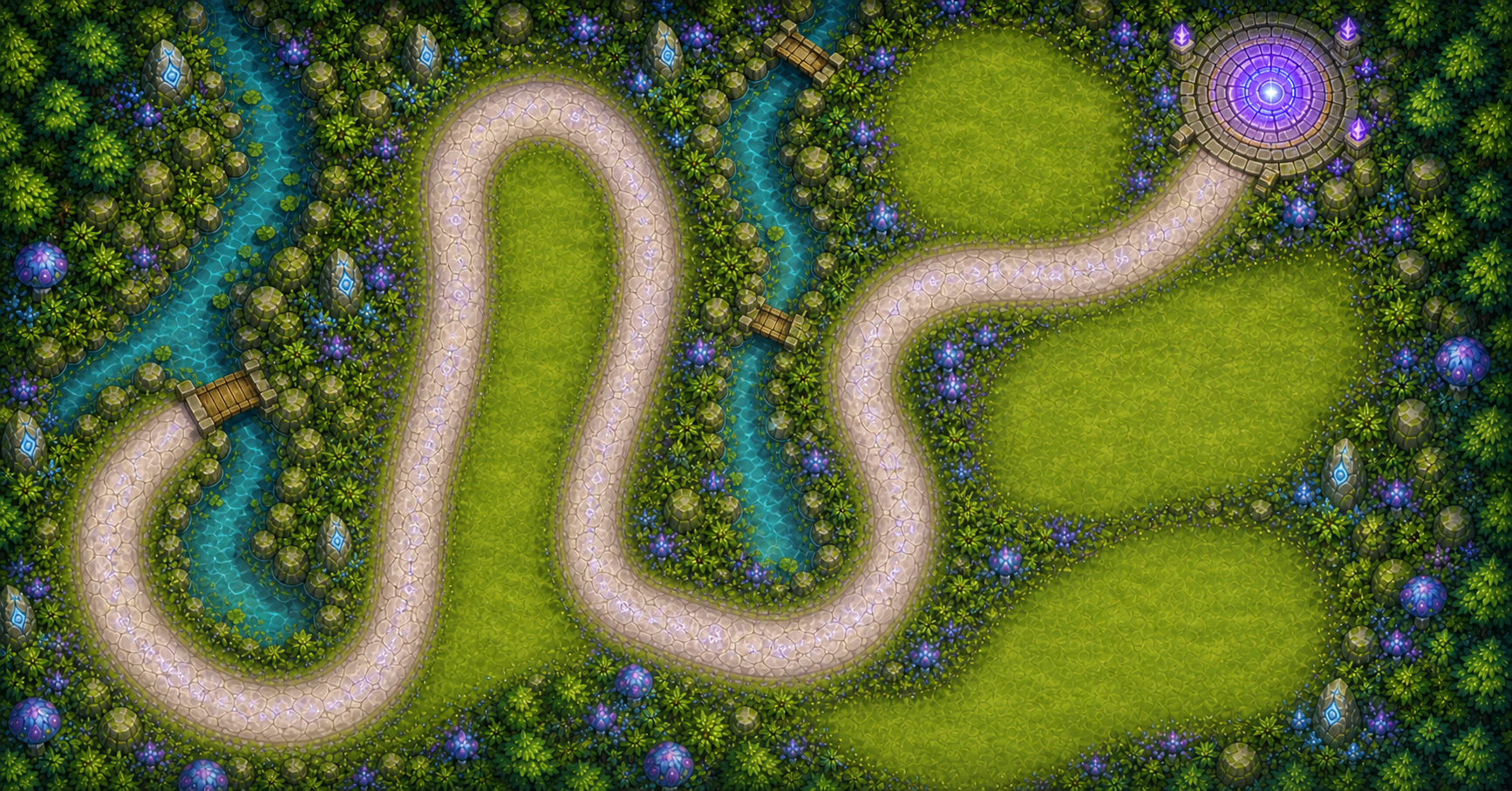 Top-down enchanted forest battlefield with a long winding road